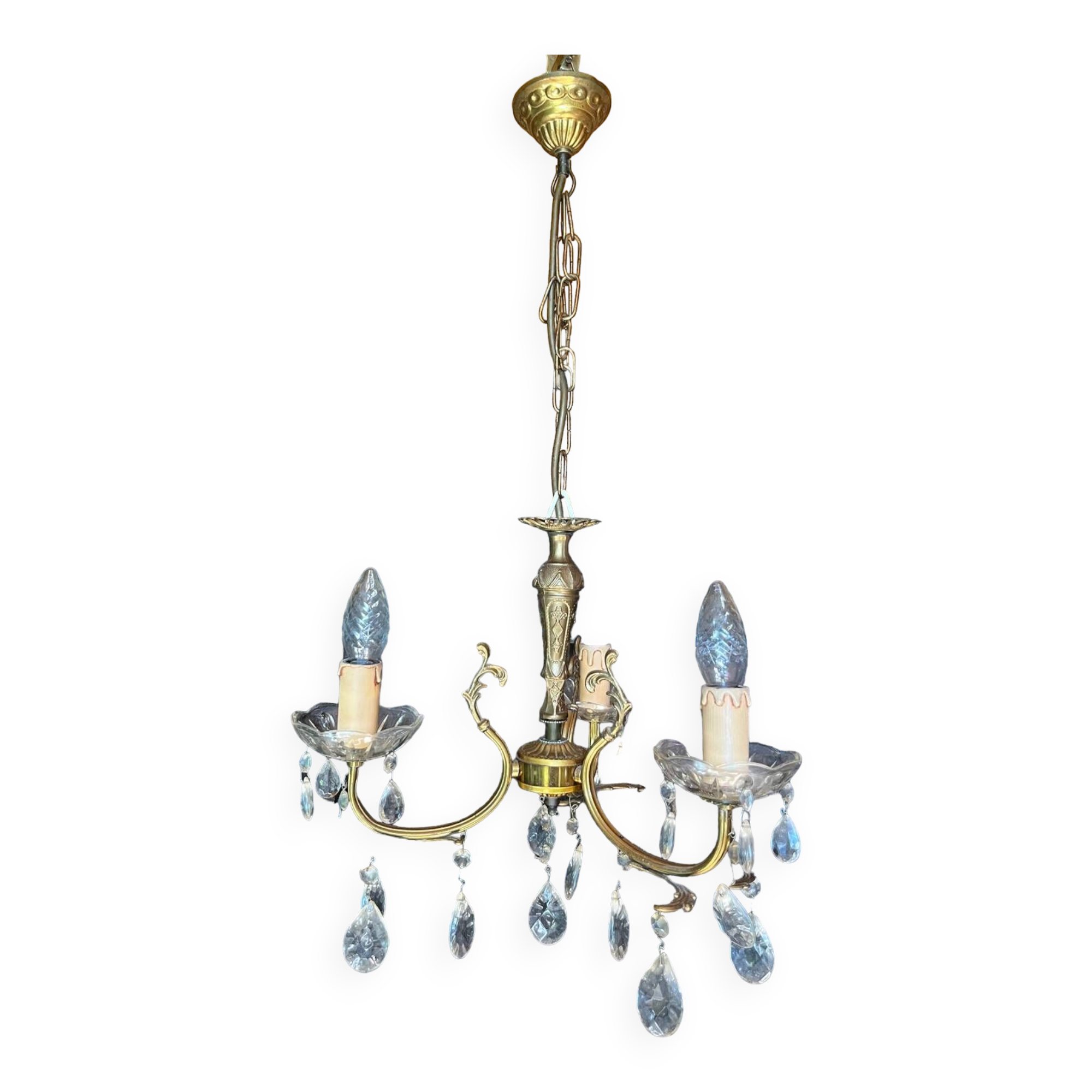 3-light brass pendant light with glass and pendants