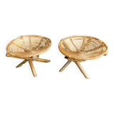 Pair of Spiral Stools in Wicker Rattan Made in France Vintage #B796