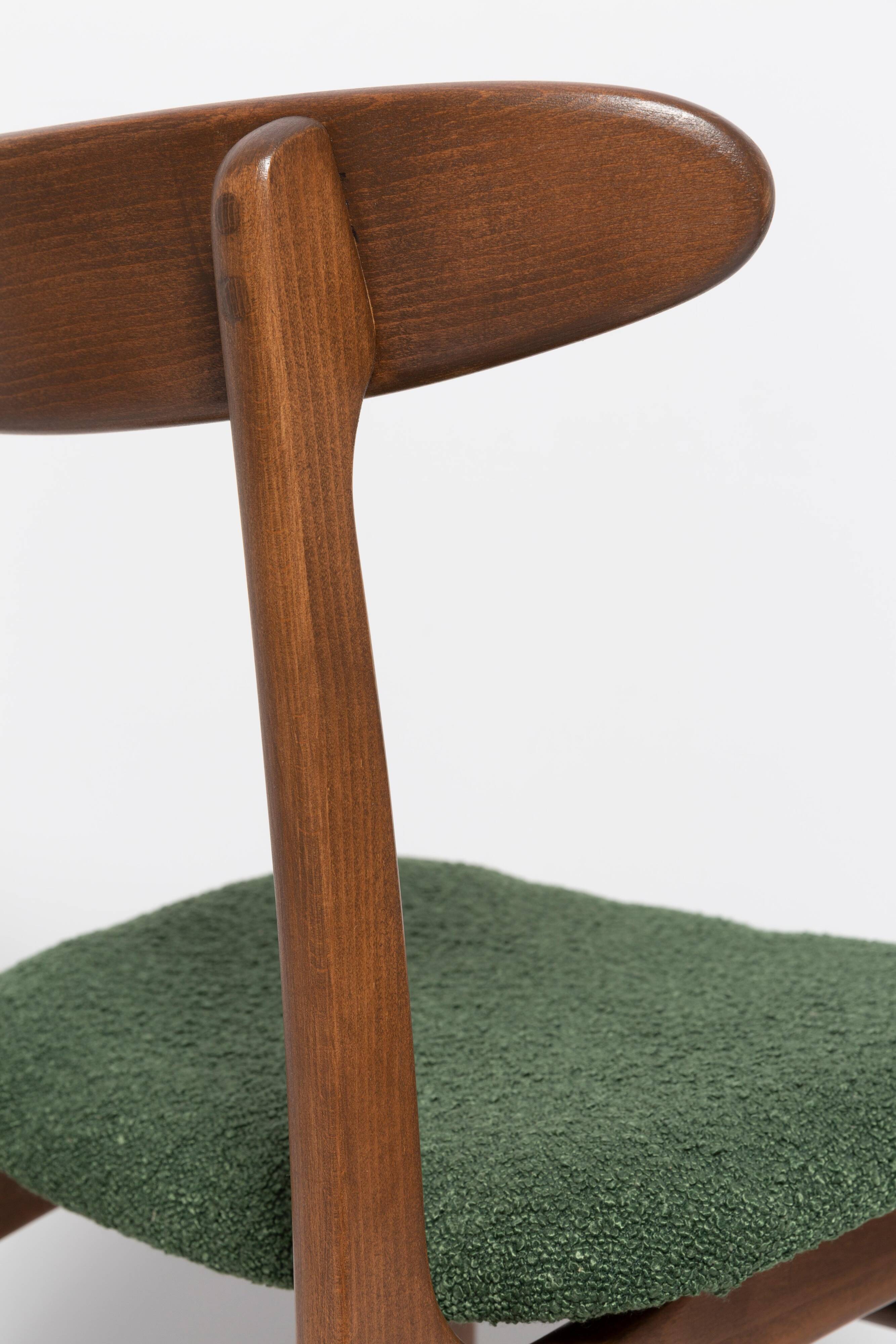 Mid Century Chair in Green Bouclé, Walnut Wood, Rajmund Halas, Poland, 1960s