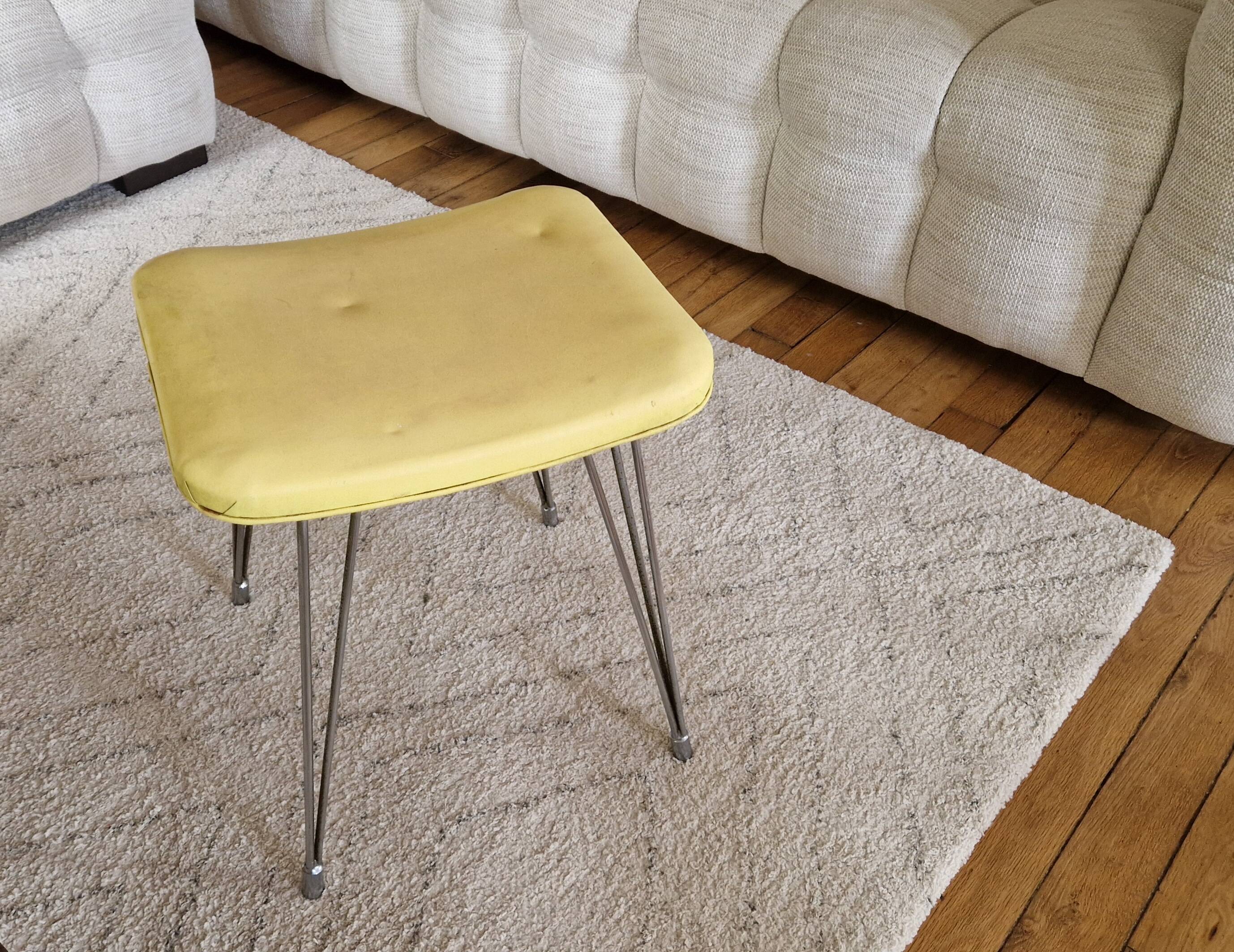 Vintage yellow leatherette stool from the 1950s