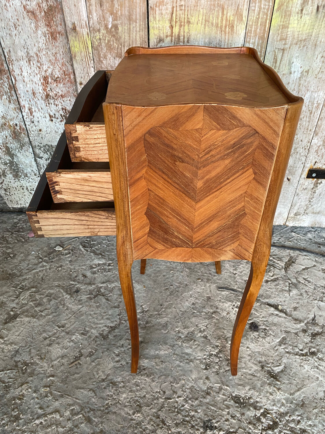 Antique Nightstand Louis XV Style Inlay Wood 3 Drawers Wine