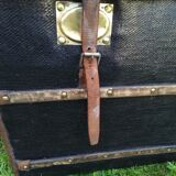 Malle de calèche cuir osier laiton lin