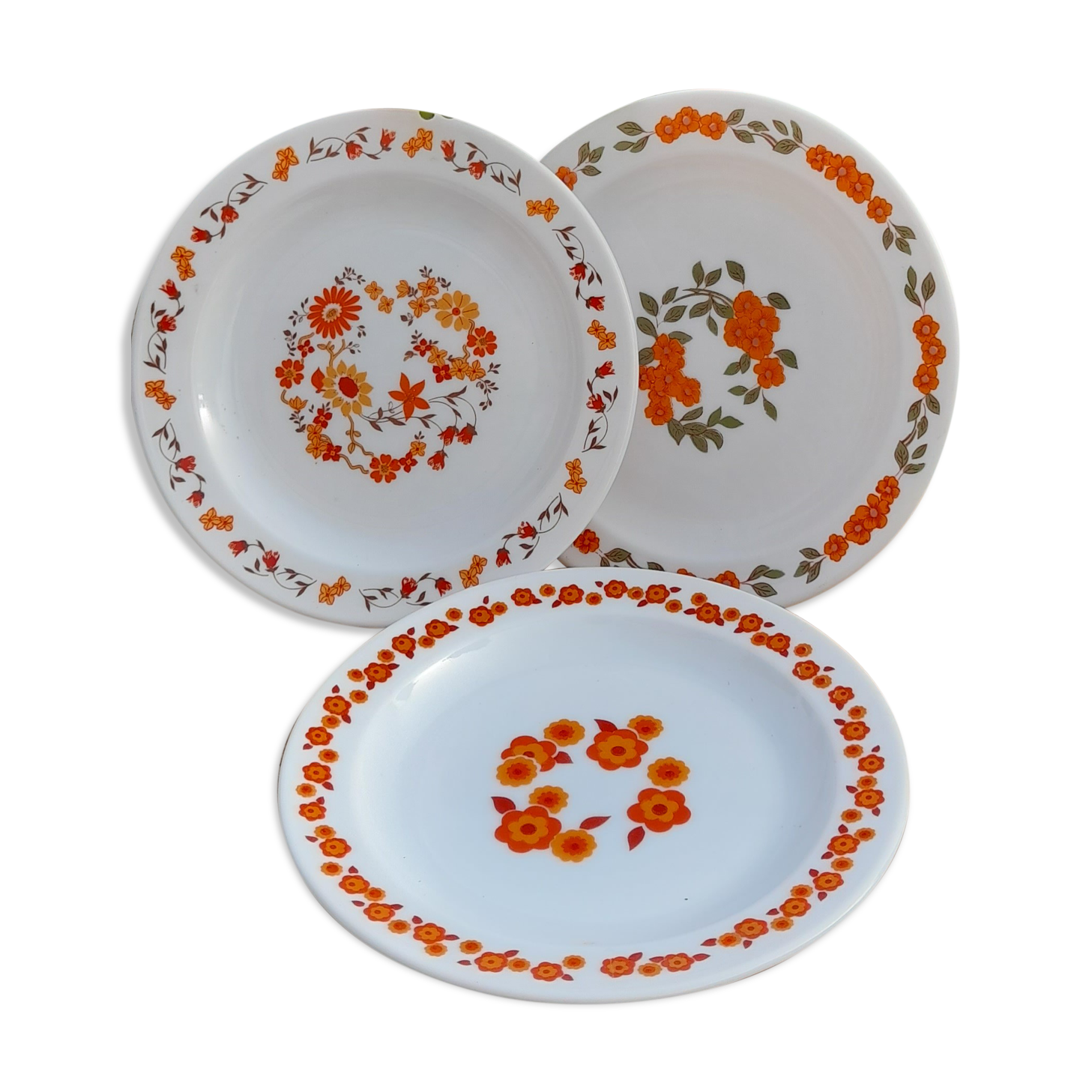 3 assiettes dessert fleurs orange Arcopal, vintage