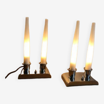 Pair of art deco lamps in chrome and opaline