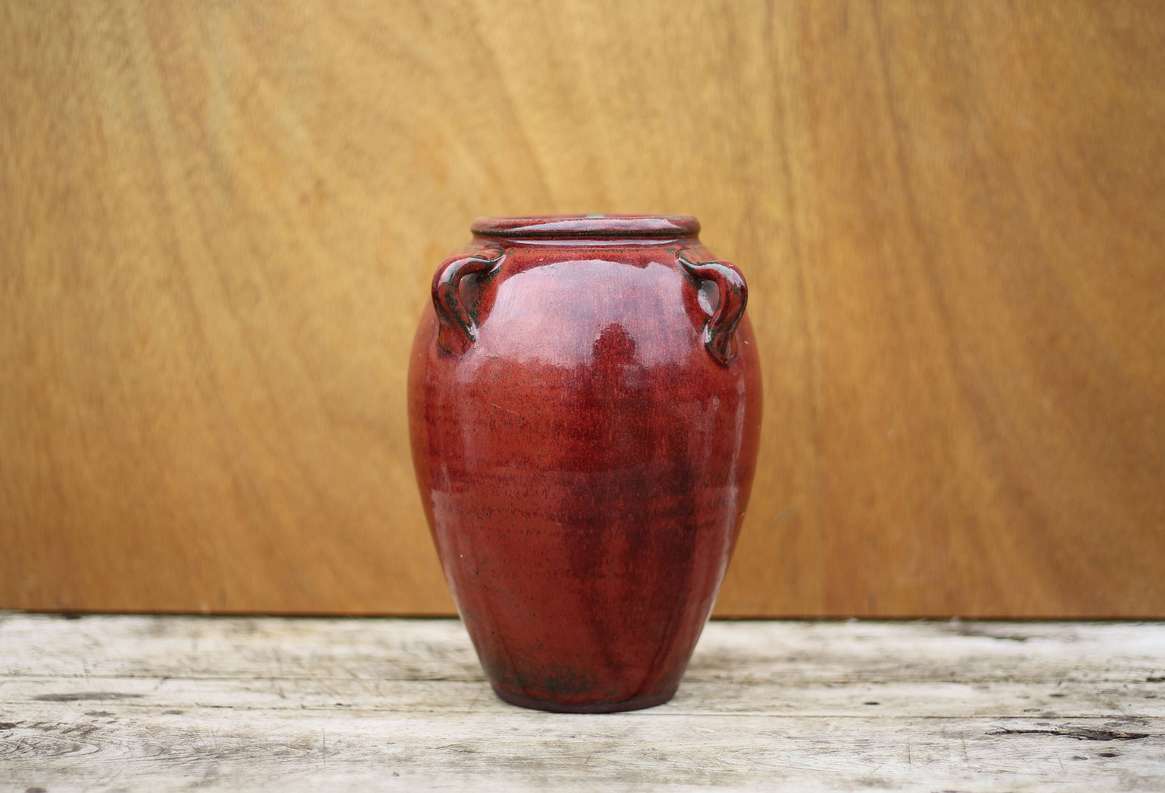 Ox blood red glazed sandstone vase, signed vase, vintage flower pot, vase with handles, collection