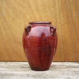 Vase grès vernissé rouge sang de boeuf, vase signé, pot à fleurs vintage, vase à anses, collection