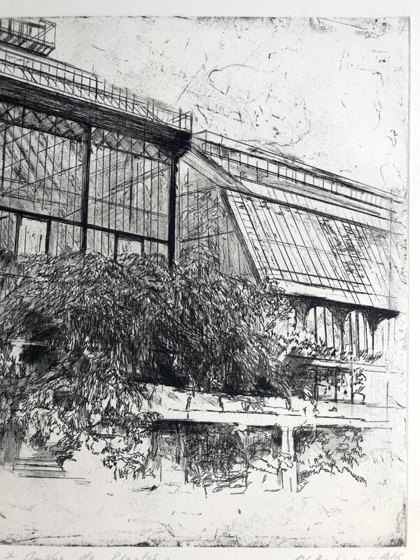 Nicole Bouharmont, Serres et jardin des plantes. pointe sèche signée au crayon