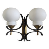 Opaline double globe wall lamp, wrought iron and brass - 50s/60s