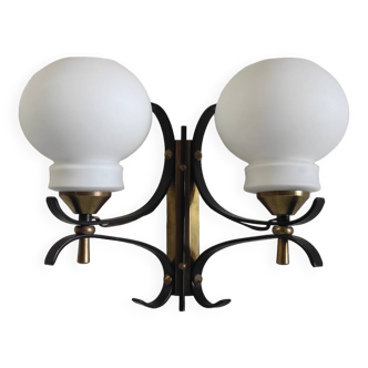 Opaline double globe wall lamp, wrought iron and brass - 50s/60s