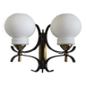 Opaline double globe wall lamp, wrought iron and brass - 50s/60s