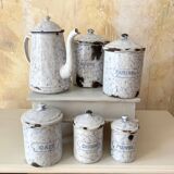 Spice jars and coffee maker in enameled sheet metal