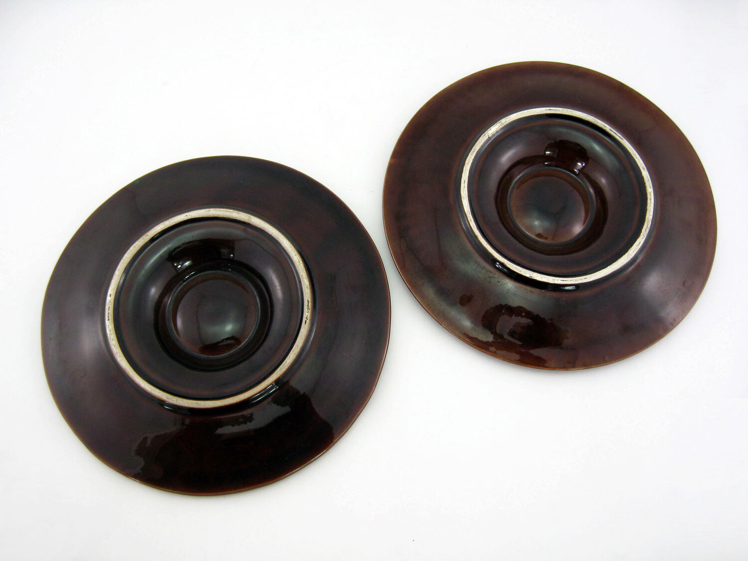 2 red/orange, yellow and green glazed ceramic oyster plates - Vallauris France - vintage