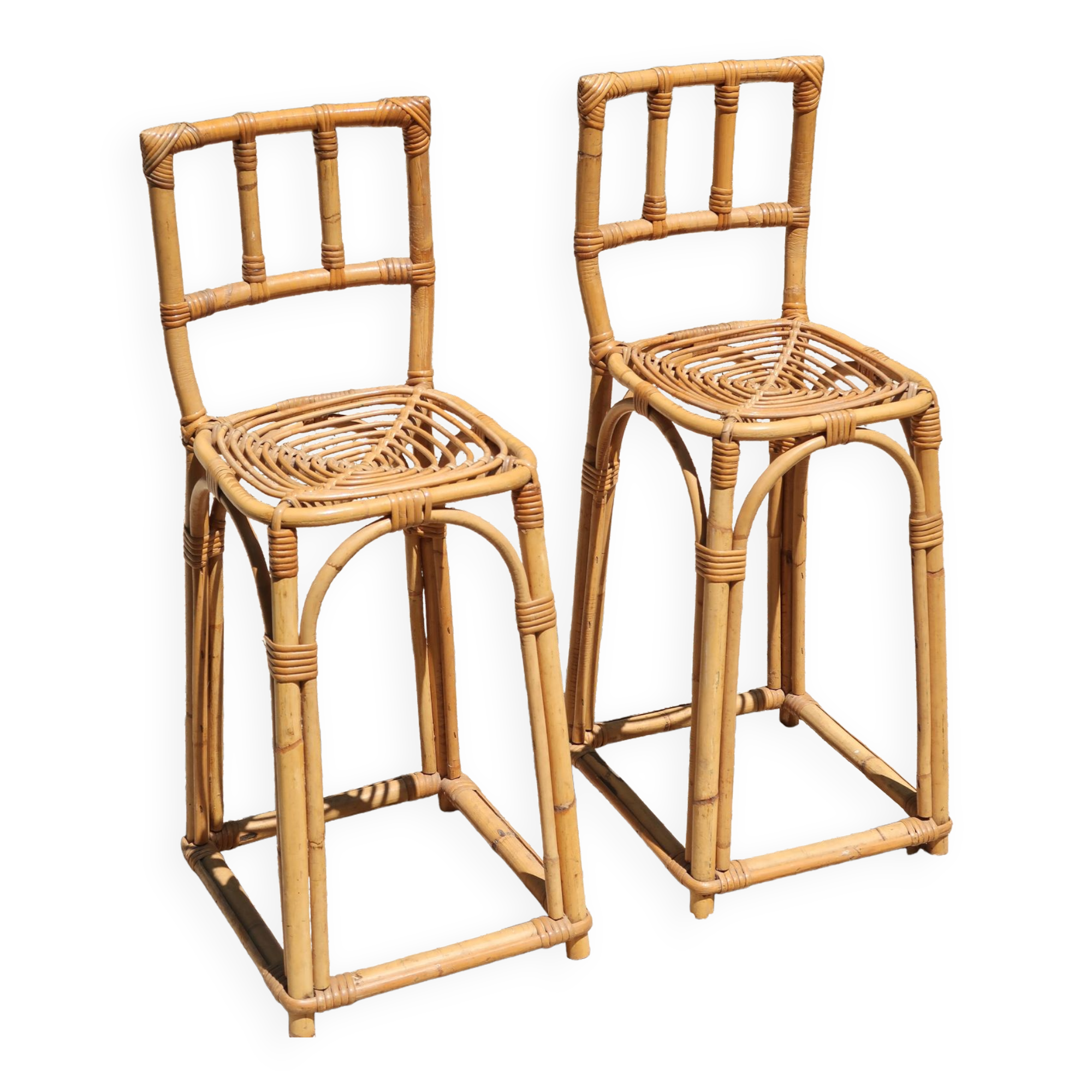 Pair of bamboo rattan bar stools, 70s