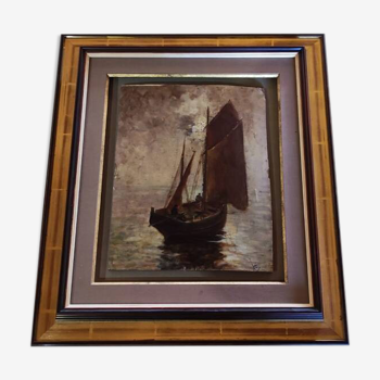 Peinture ancienne sur bois représentant un bateau dans l'océan. Encadrement Roland Vonesch