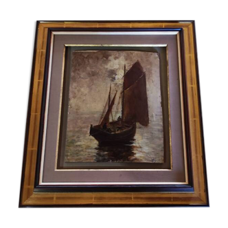 Old painting on wood representing a boat in the ocean. Supervision Roland Vonesch