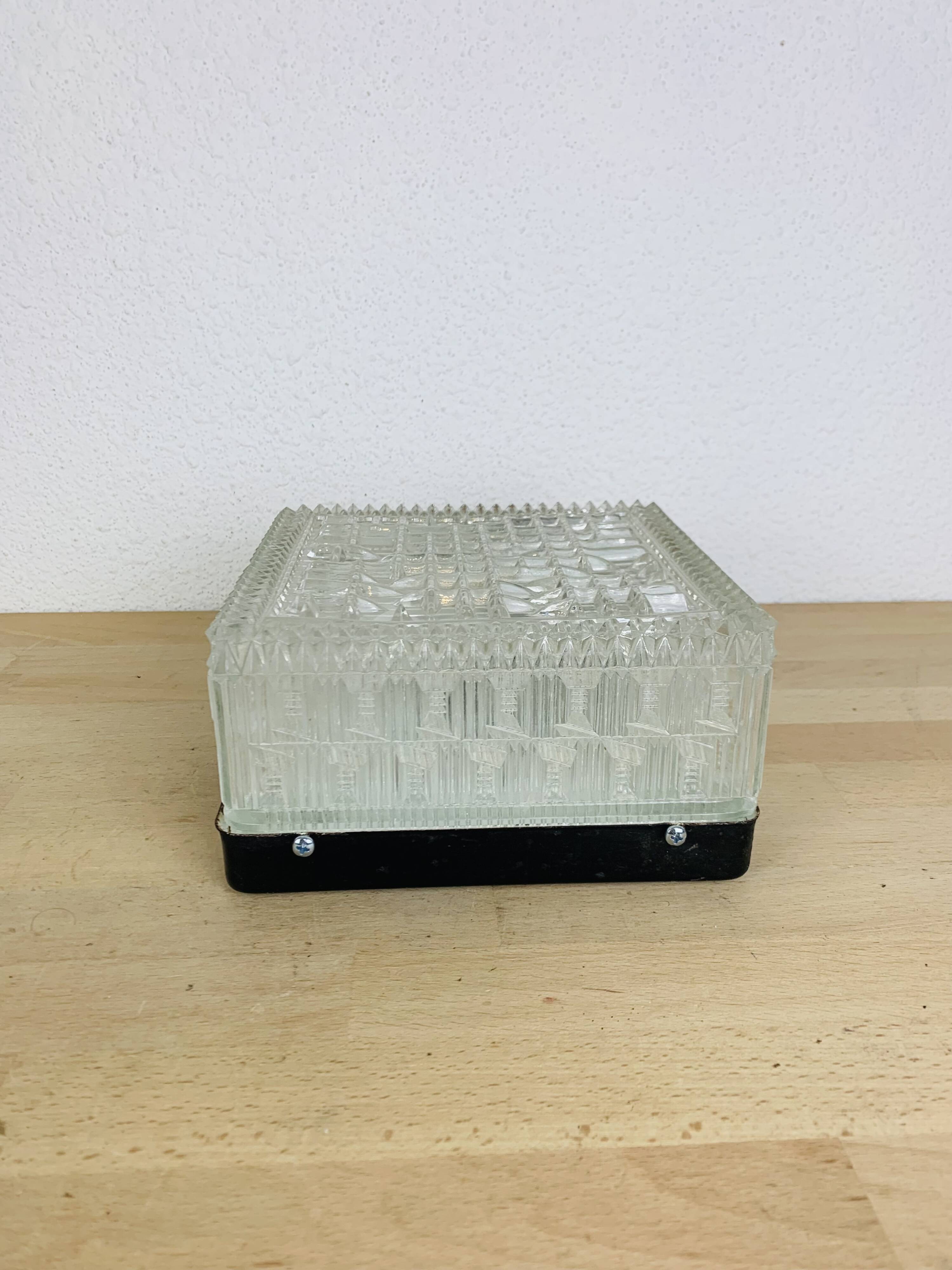 3 square wall lights in chiseled molded glass from the 50s, Holophane
