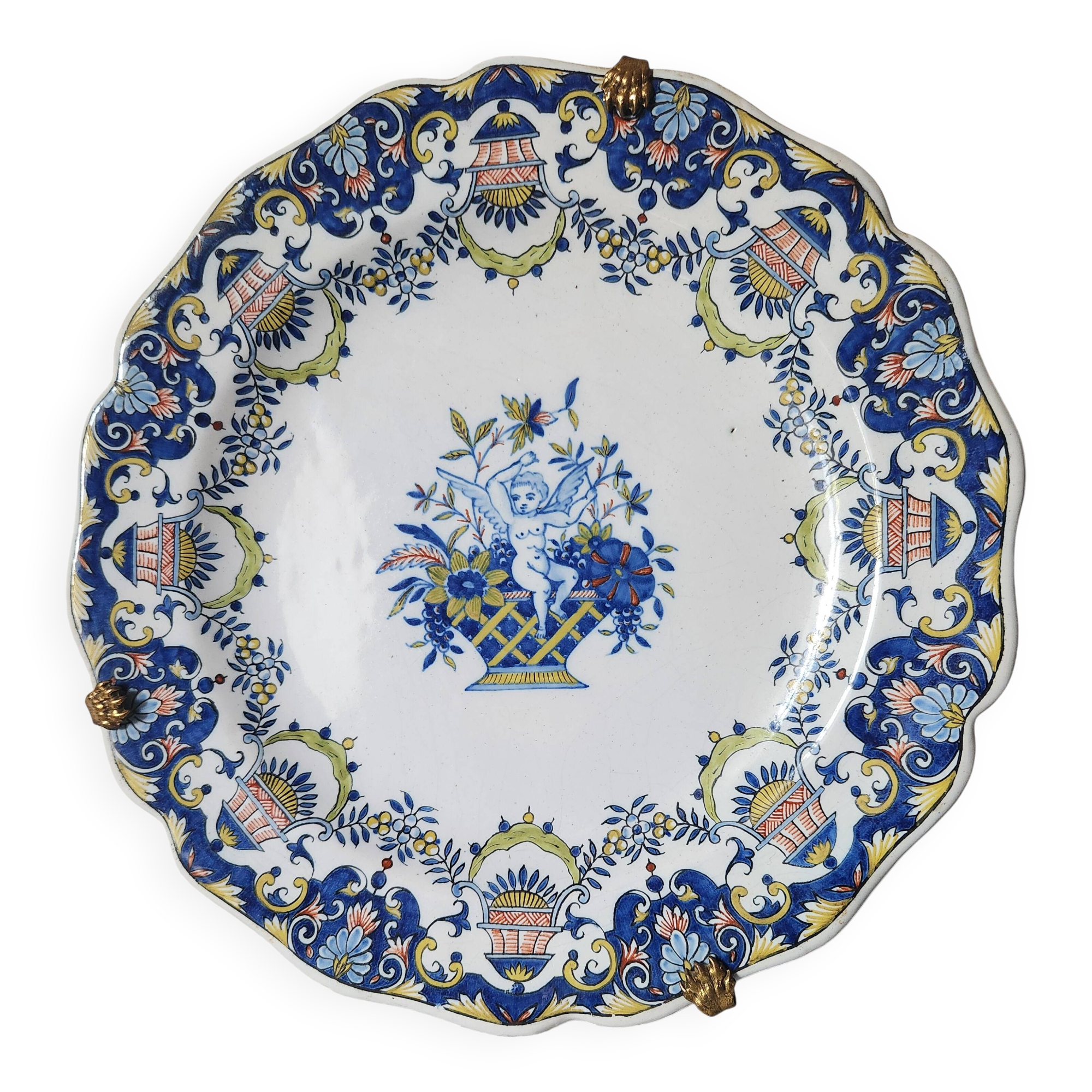 Antique French 19th Century Quimper 'First Mark HB' Plate Angel Cherub Deco