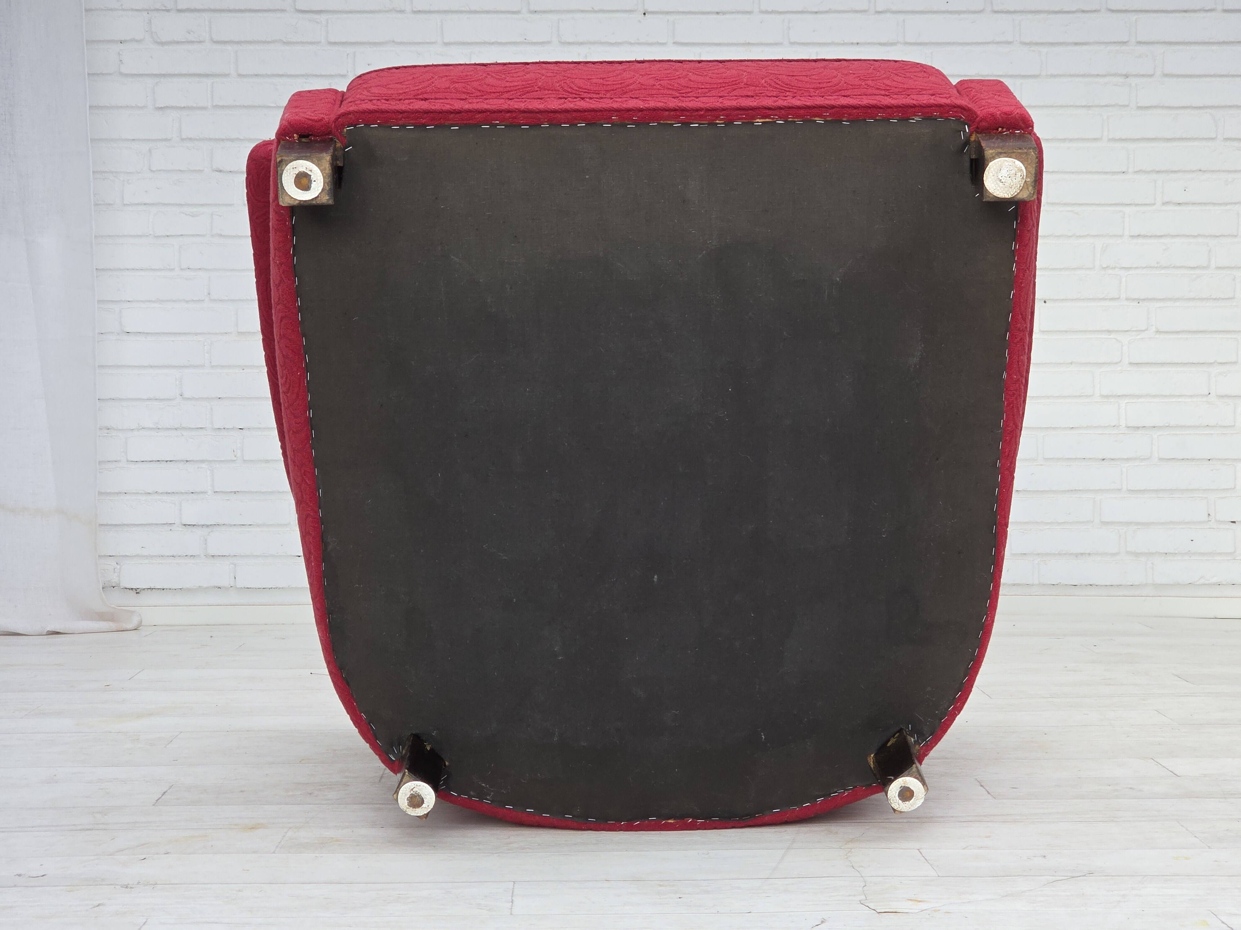 1950s, Danish relax armchair, red furniture fabric, ash wood legs.