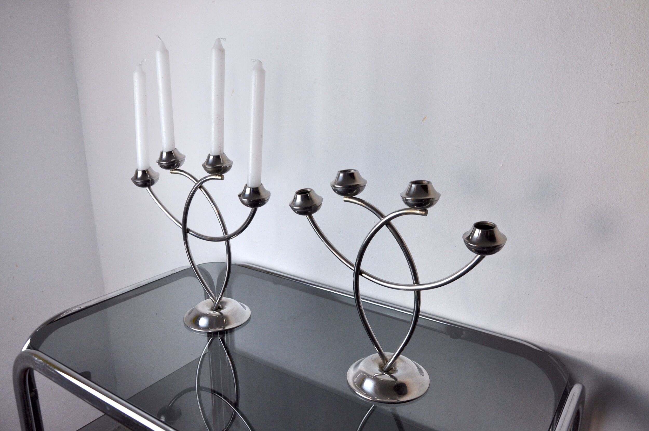 Pair of art deco candle holder in stainless steel 4 flammes, spain, 1970