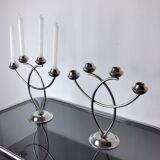 Pair of art deco candle holder in stainless steel 4 flammes, spain, 1970