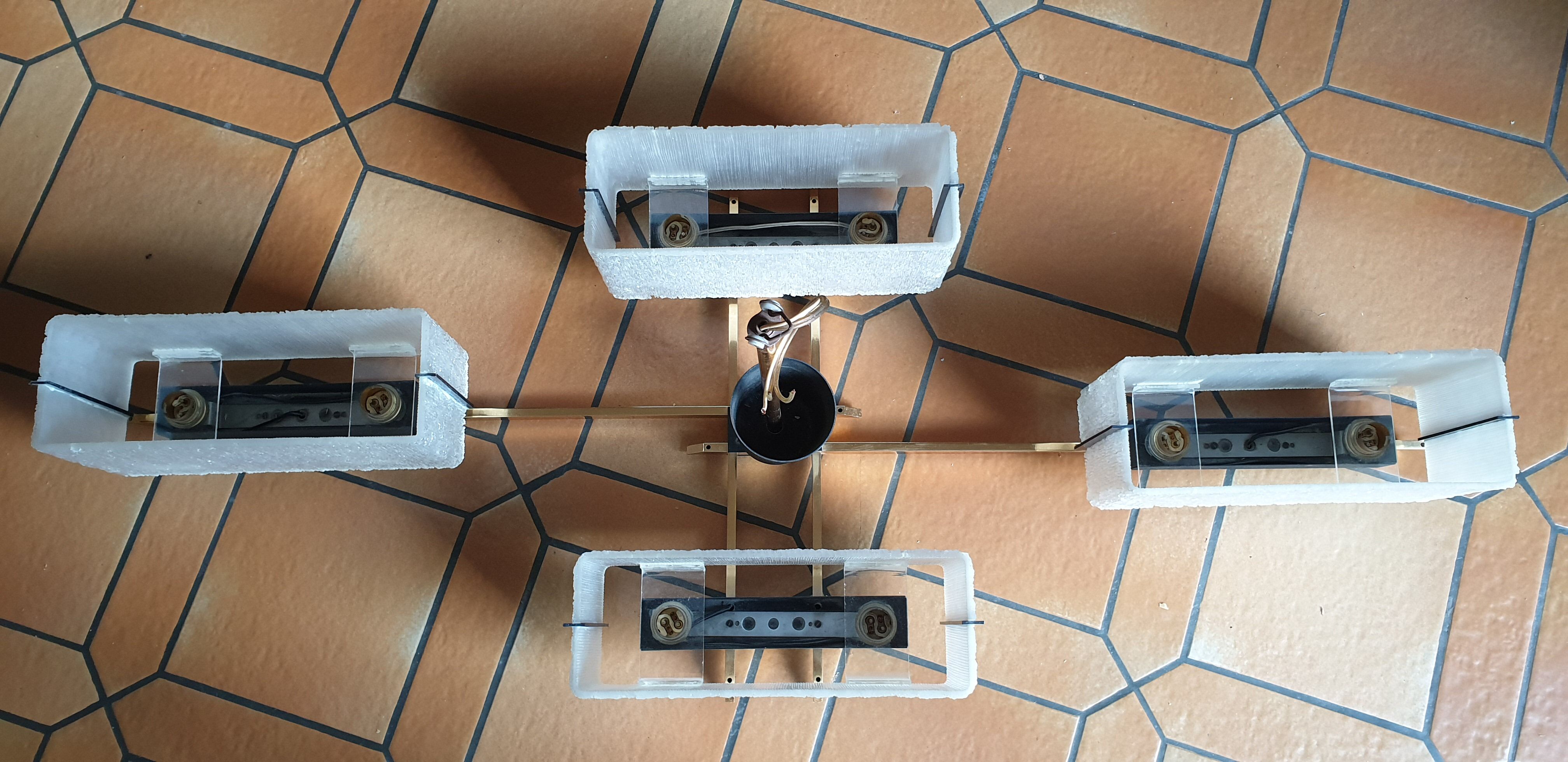 Arlus chandelier 4x2 brass lights prespex 1950/1960 vintage