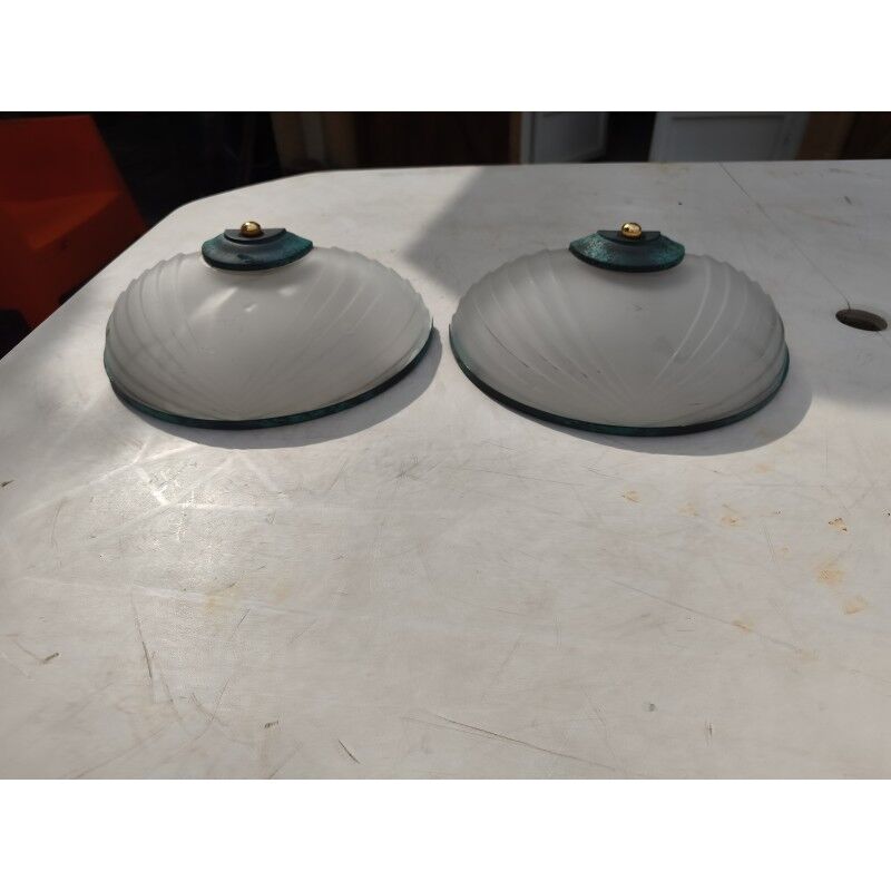 Pair of Art Deco wall lights with opaline glass, copper and brass.
