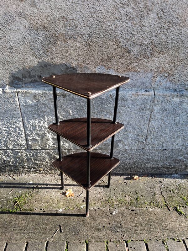Meuble d'angle à 3 étagères en formica marron et structure métallique noire