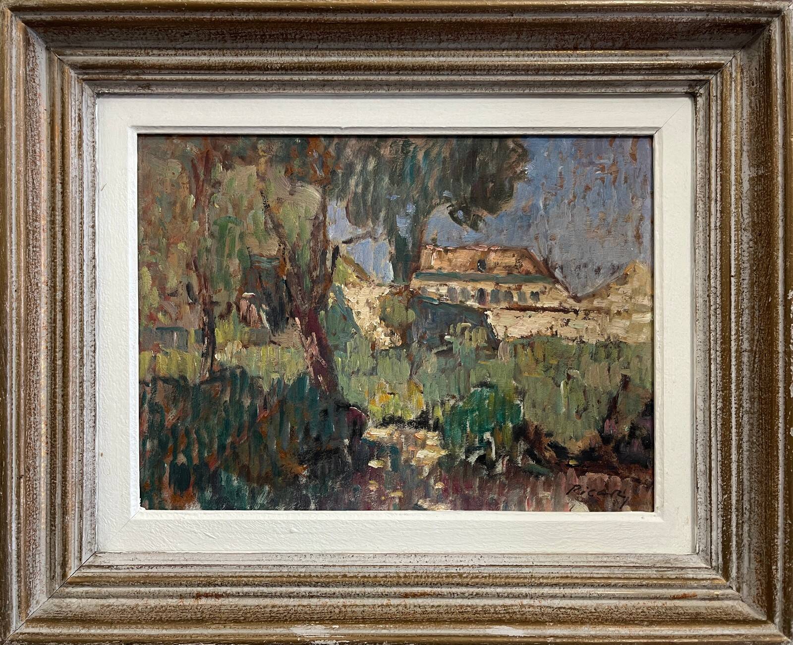 Oil painting on panel, Mediterranean landscape, mid-20th century.