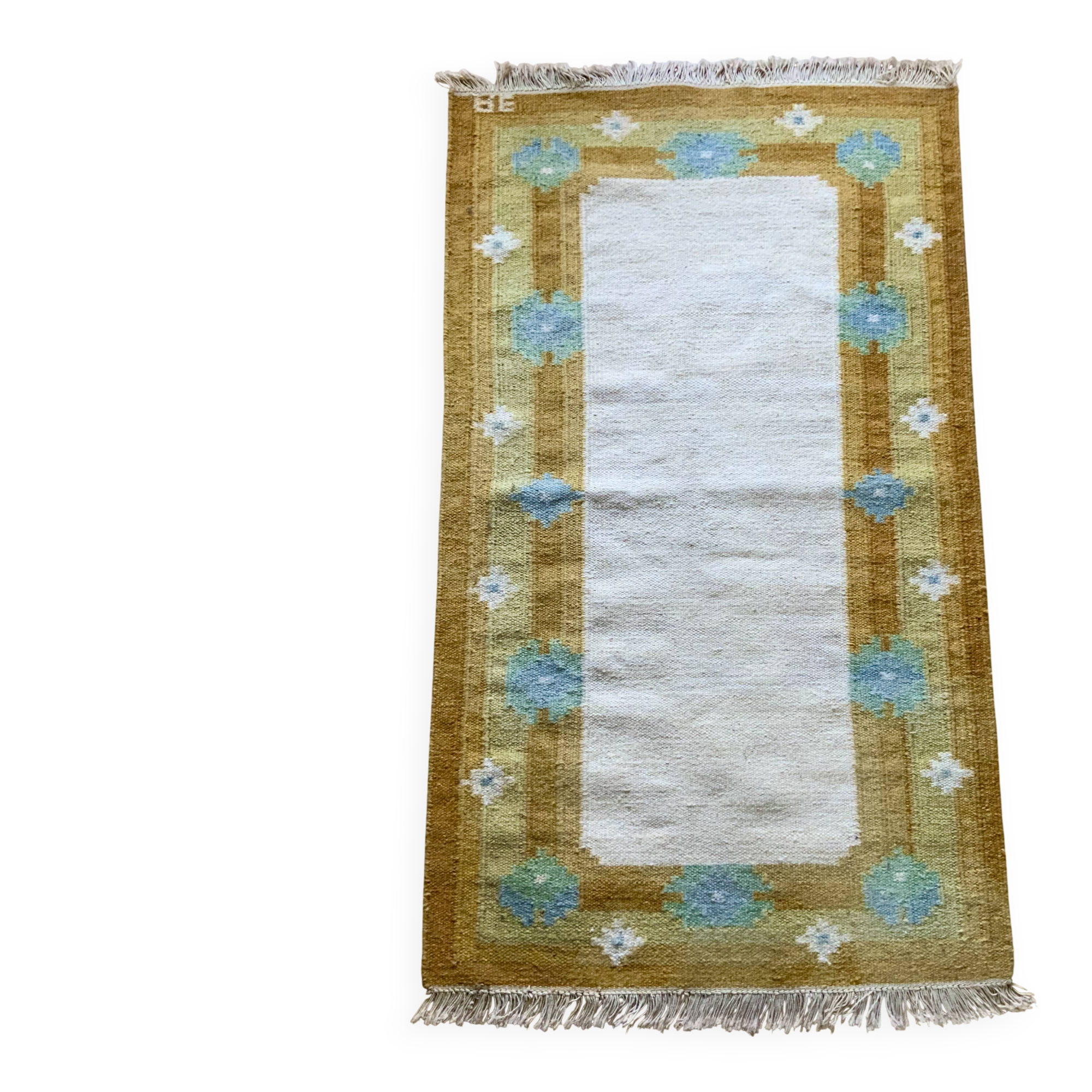 Tapis en laine suédoise tissé à plat Kilim Rölakan signé Ae années 1960