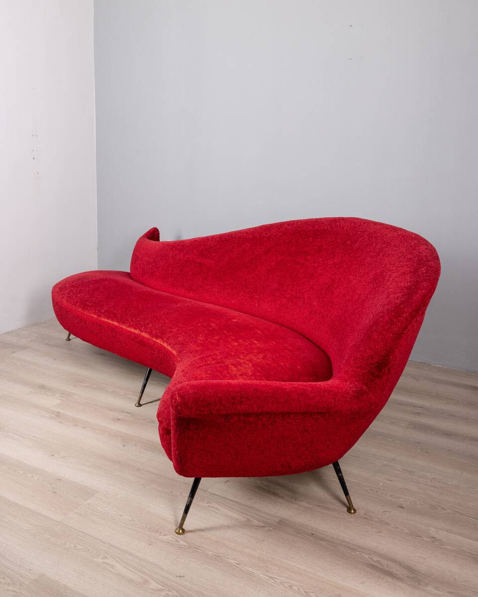Large 1950s vintage curved sofa in red velvet italian design