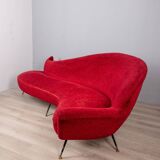 Large 1950s vintage curved sofa in red velvet italian design