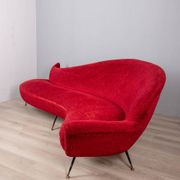Large 1950s vintage curved sofa in red velvet italian design
