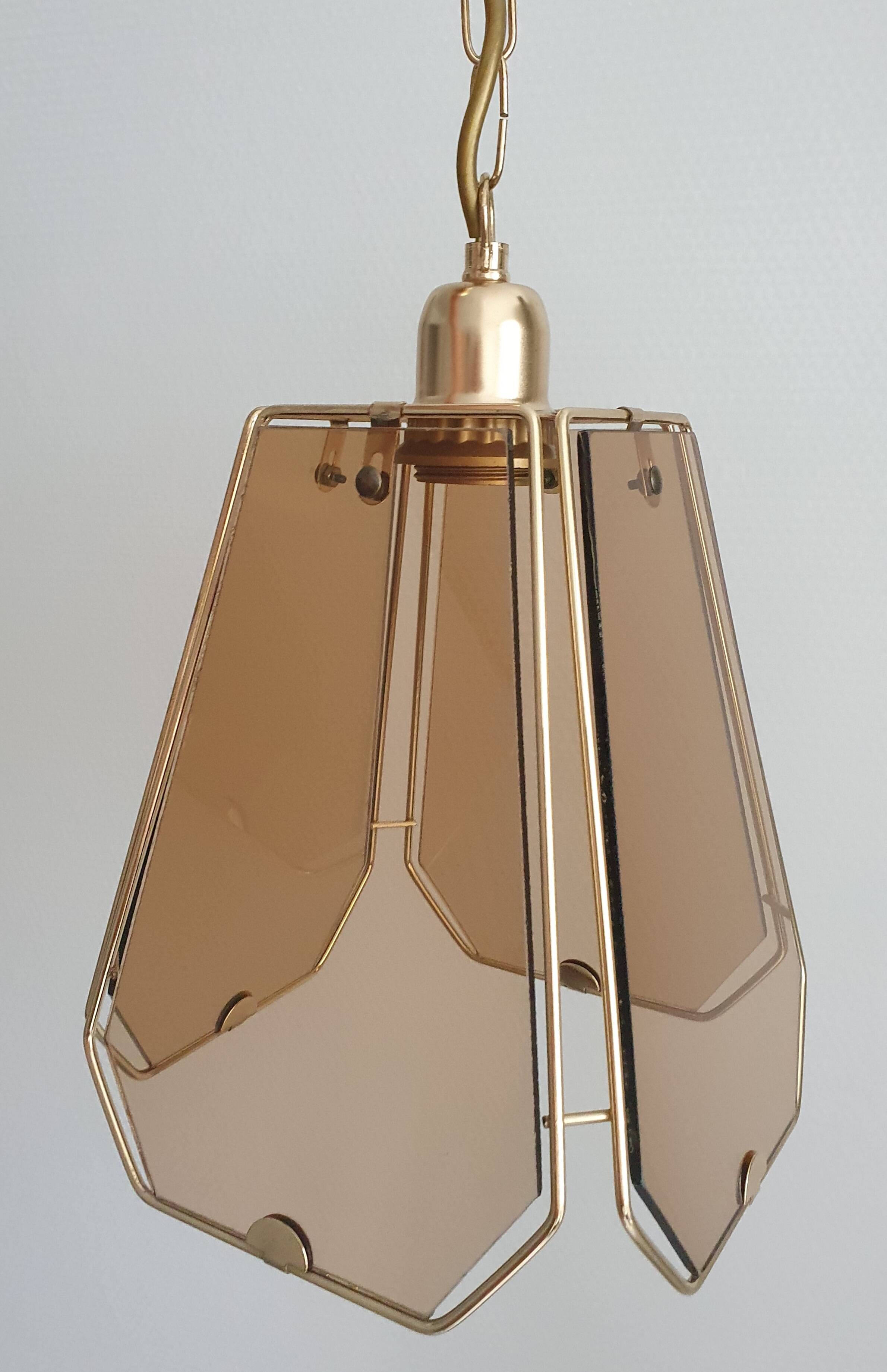 Vintage 70s chandelier in smoked glass and brass