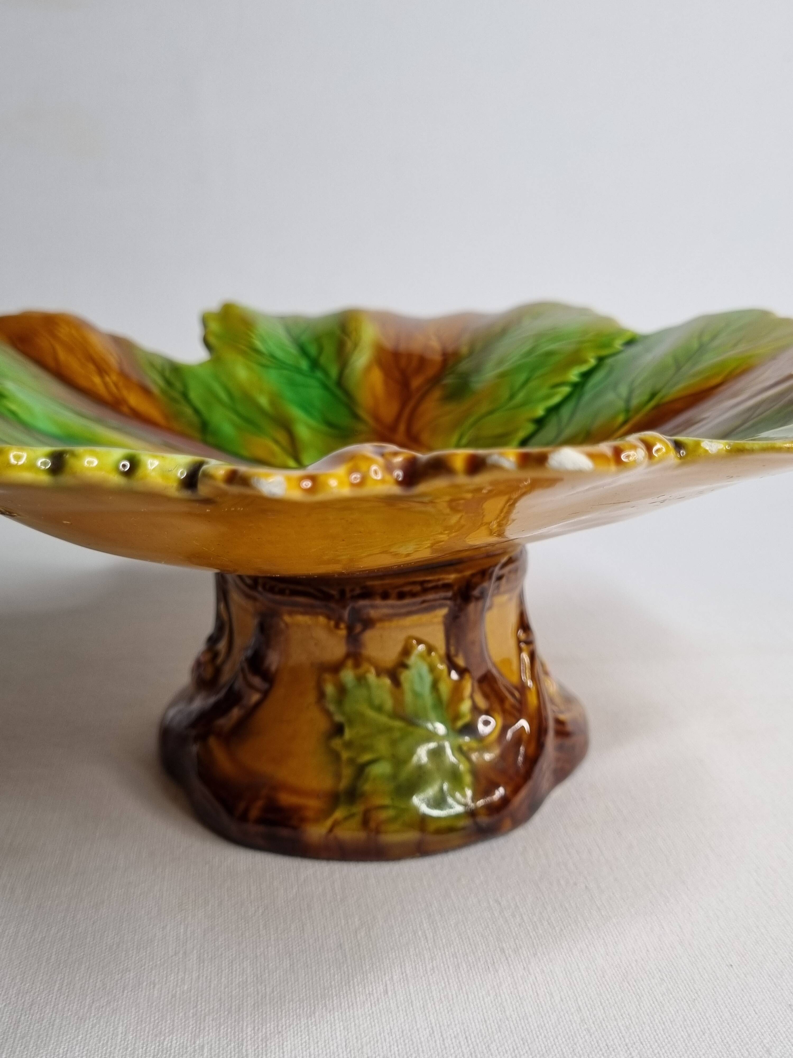Old Villeroy and Boch compotier, decorated with green and ocher vine leaves, 1900