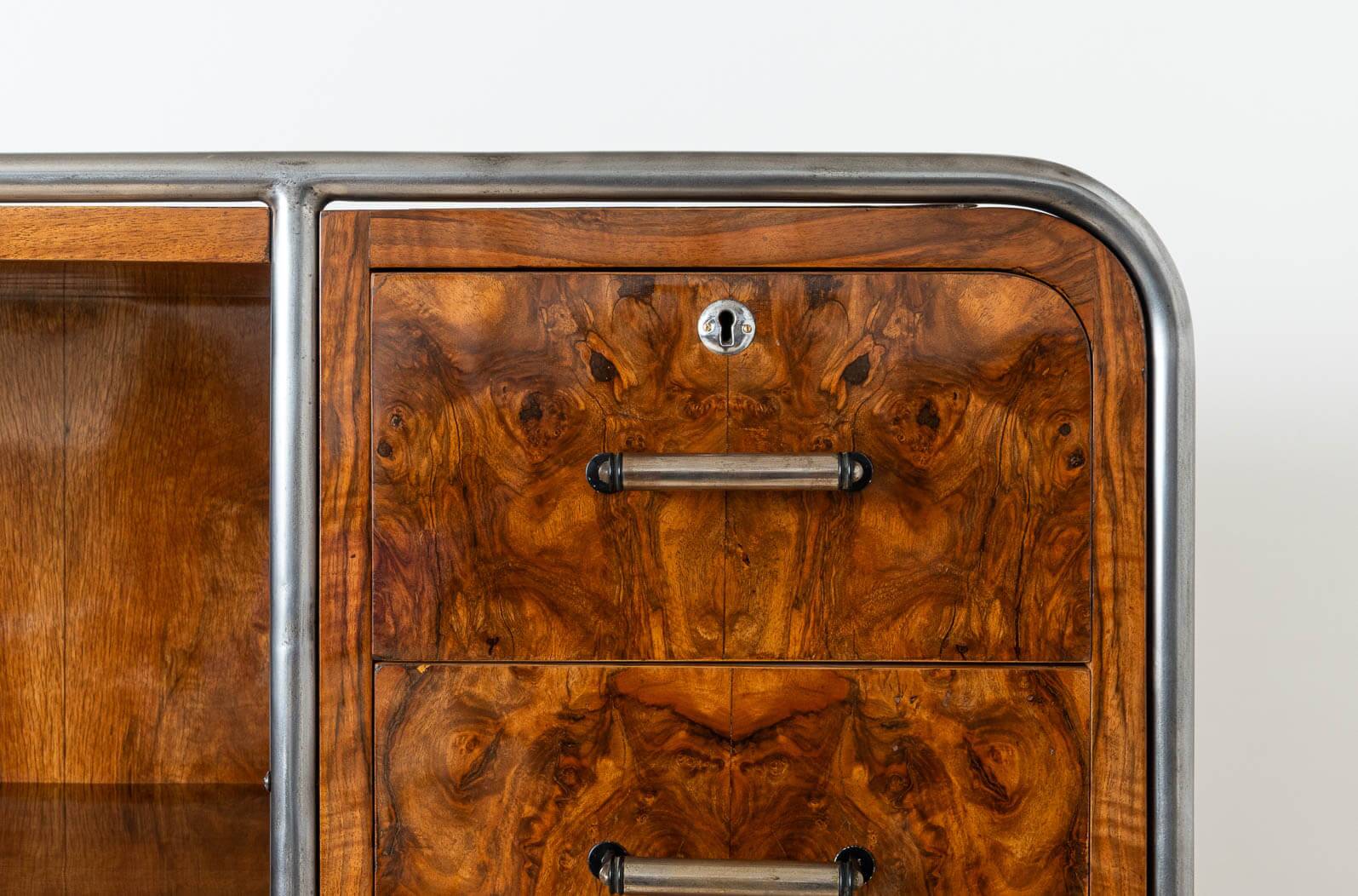 Bauhaus Era Bookcase, Tubular Steel Base, Walnut Veneer, 1930s