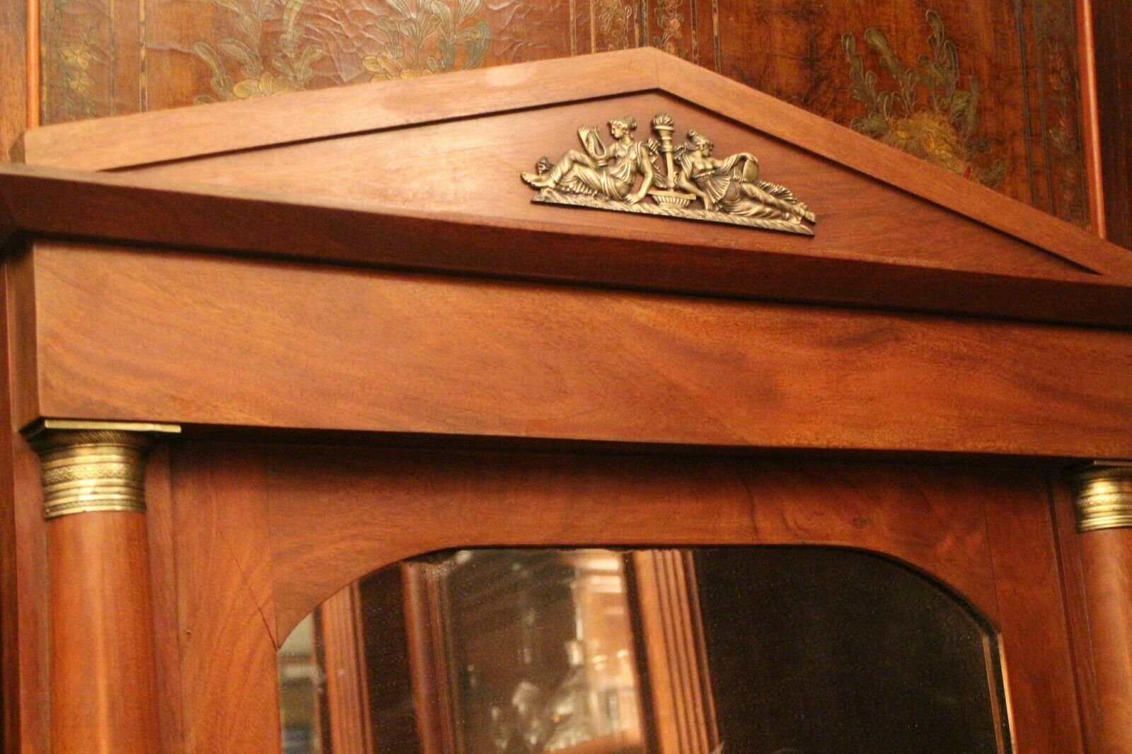 Mahogany pediment and half-column mirror and 118x91cm Empire-style bronze ornament