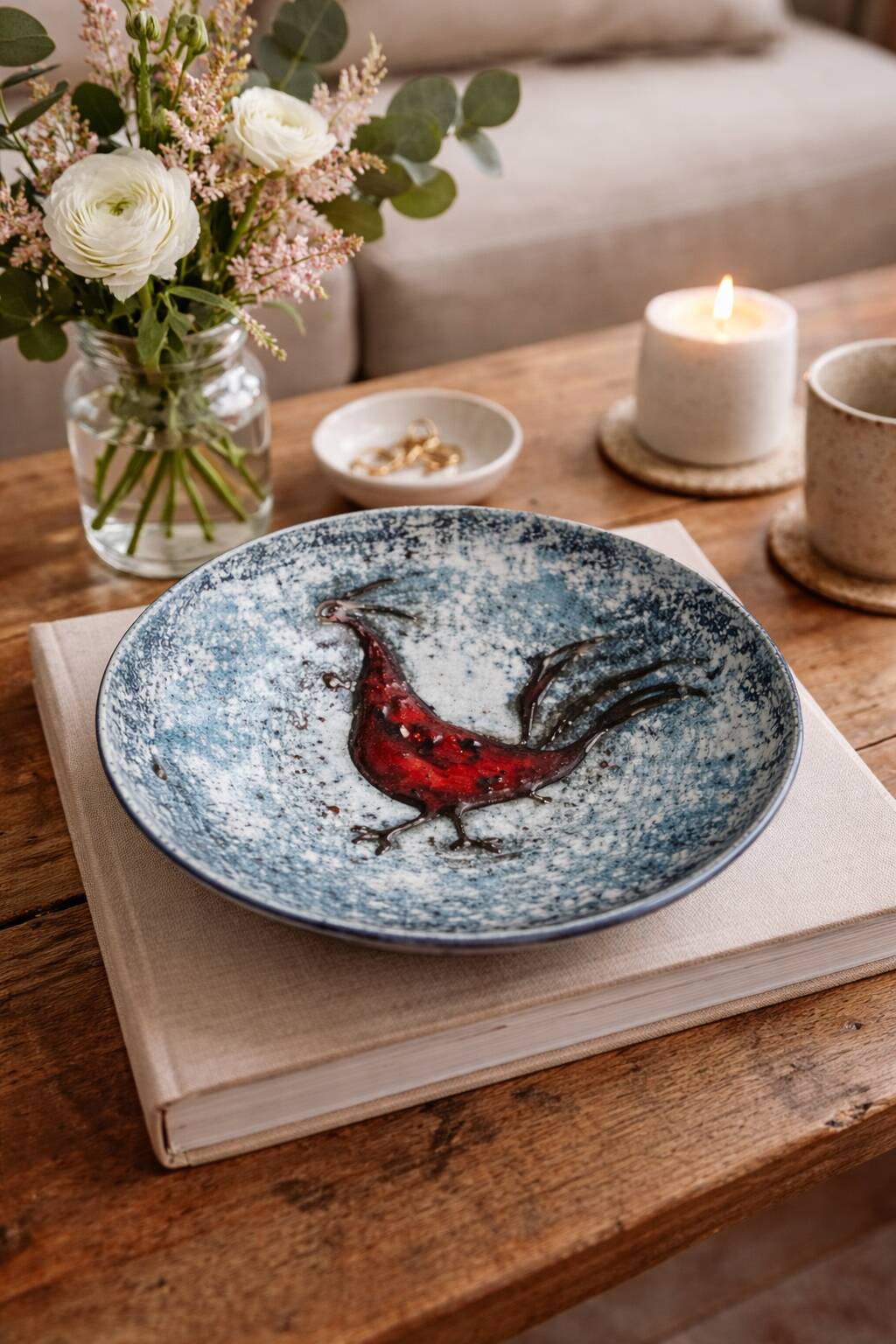 Large hollow ceramic dish signed Oliva – relief rooster decoration –