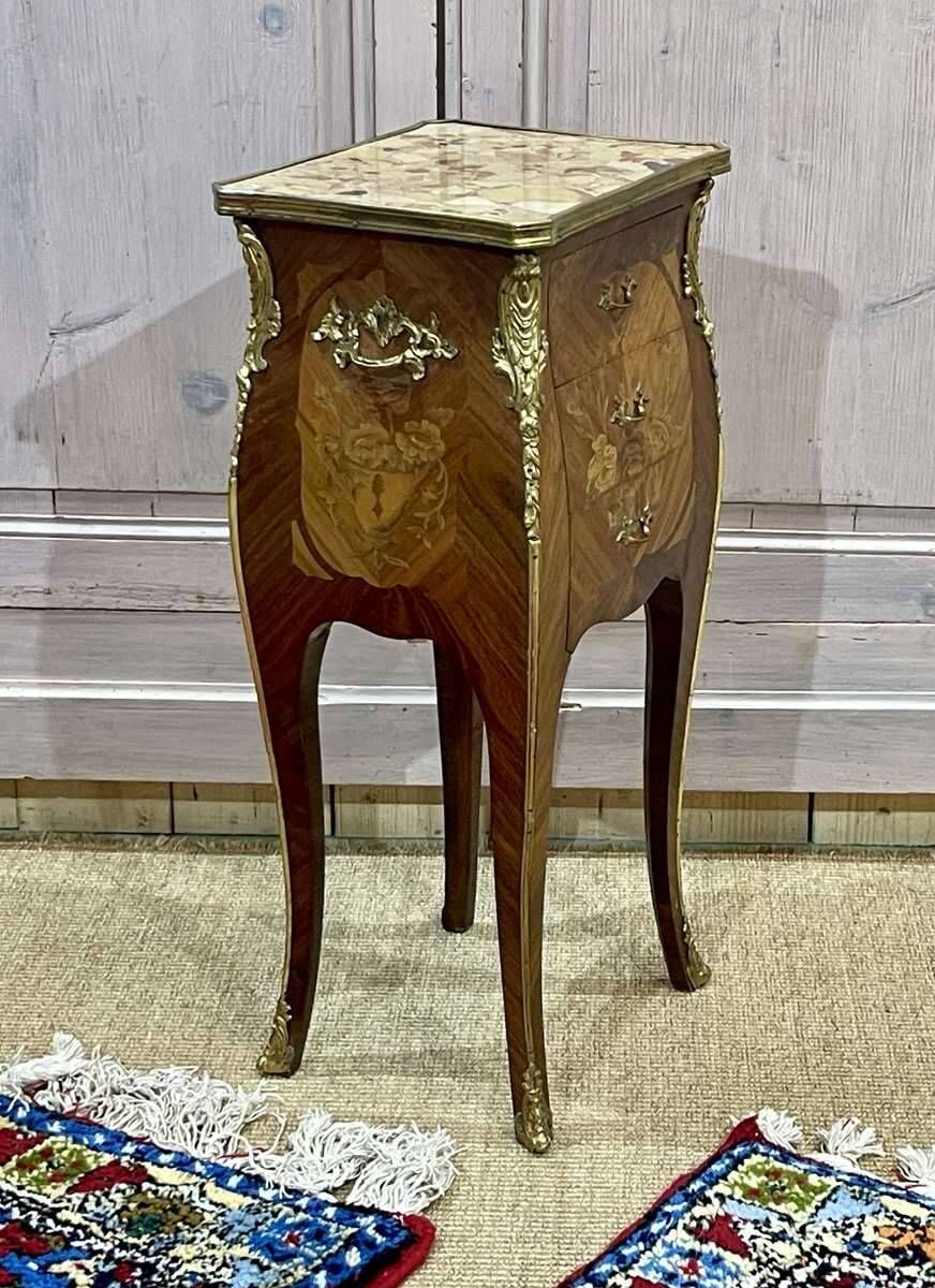 Louis XV style bedside table in rosewood and oak from the 70s with marble top