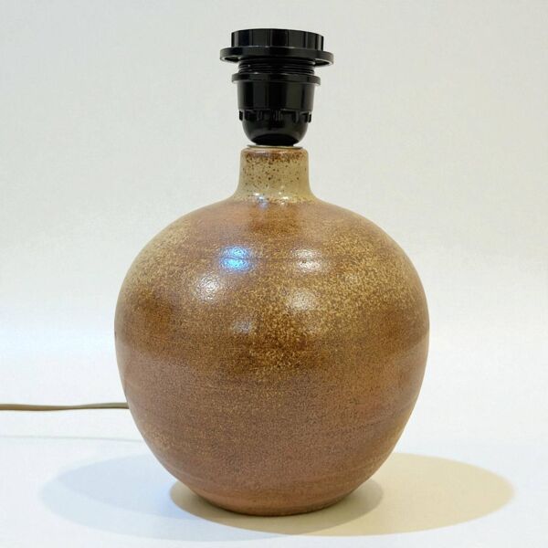 XXL Pied de Lampe vintage en grès marron et abat-jour en ruban beige 1970