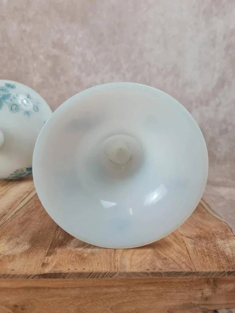 Beautiful pair of pedestal vases in white opaline – old blue decoration.