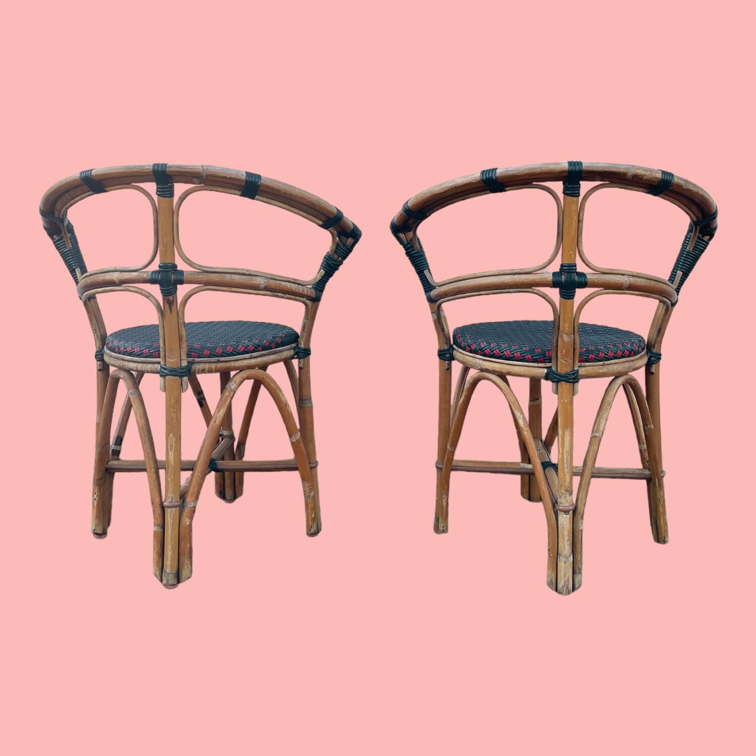 Pair of bistro chairs in bamboo and two-tone weaving