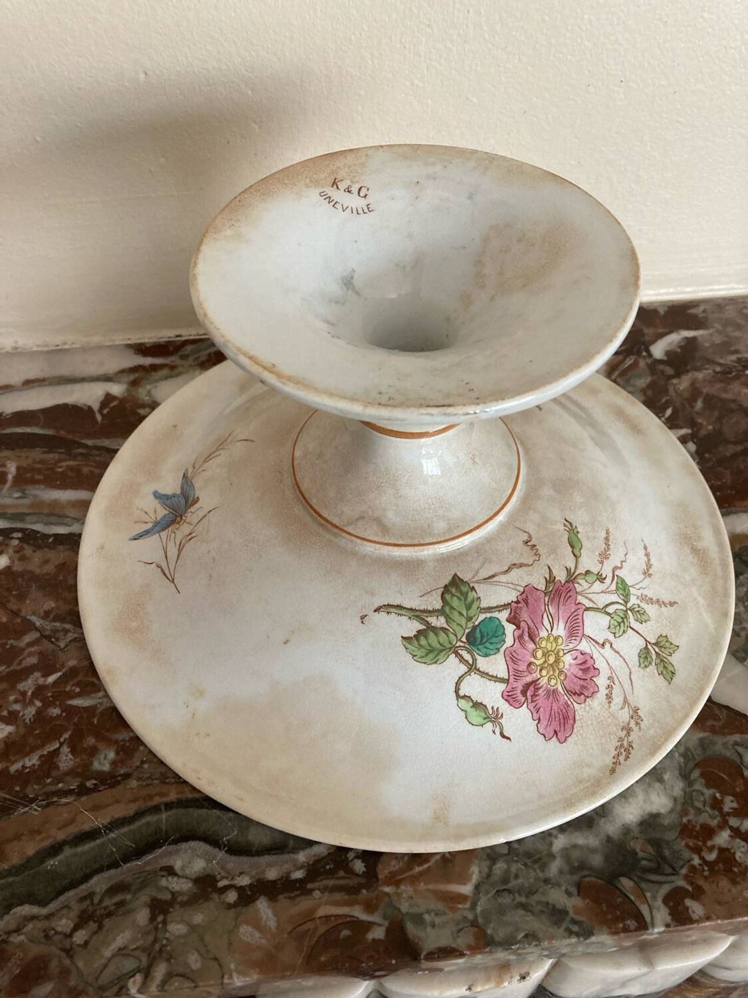 Luneville KG compote dish with poppy and butterfly design.