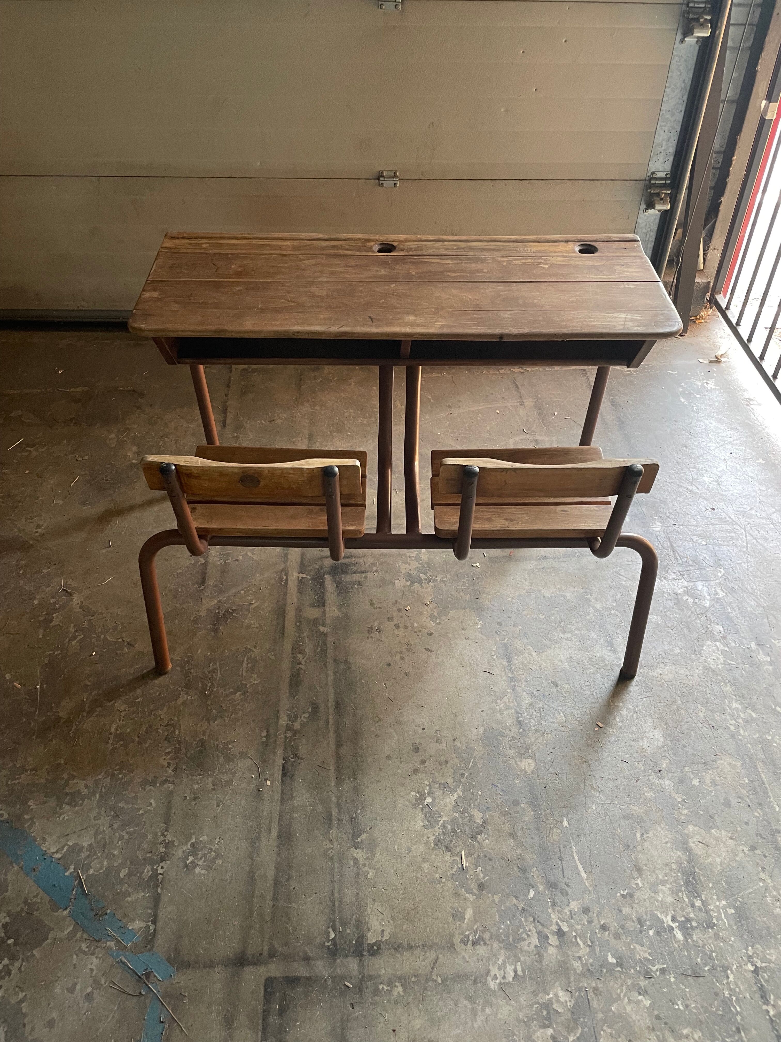 Double wooden desk and brown metal legs