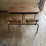 Double wooden desk and brown metal legs