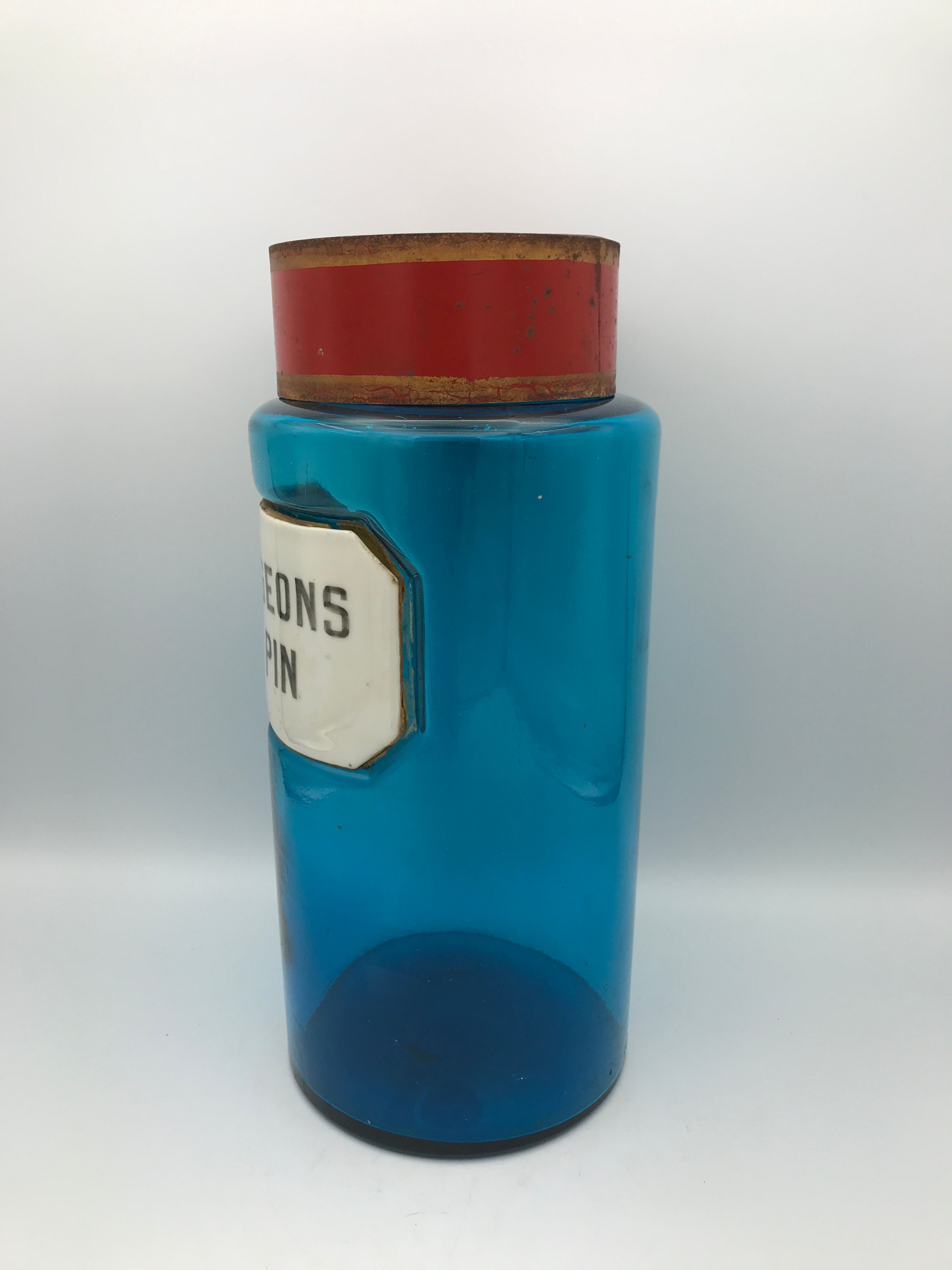 Flacon bocal de pharmacie apothicaire en verre bleu, plaque bourgeons de pin, 26,5 cm
