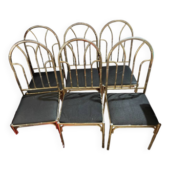 Set of 6 bamboo style chairs in silver brass, vintage 70"