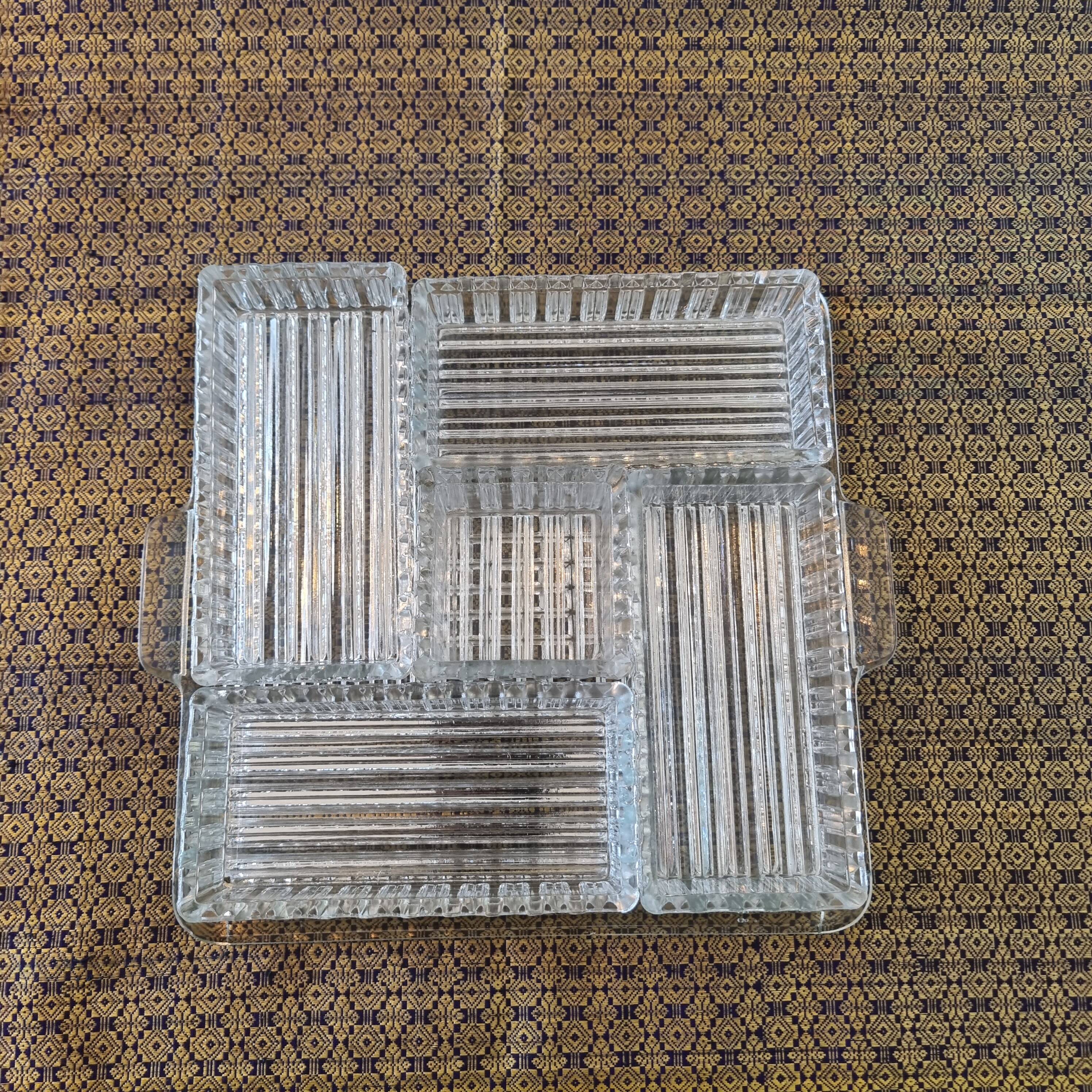 Large 6-piece aperitif tray in French molded rock crystal from the 50s and 60s