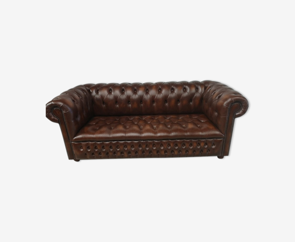 Sofa chesterfield brown leather three seats upholstered