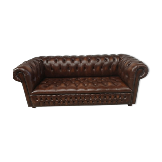 Sofa chesterfield brown leather three seats upholstered