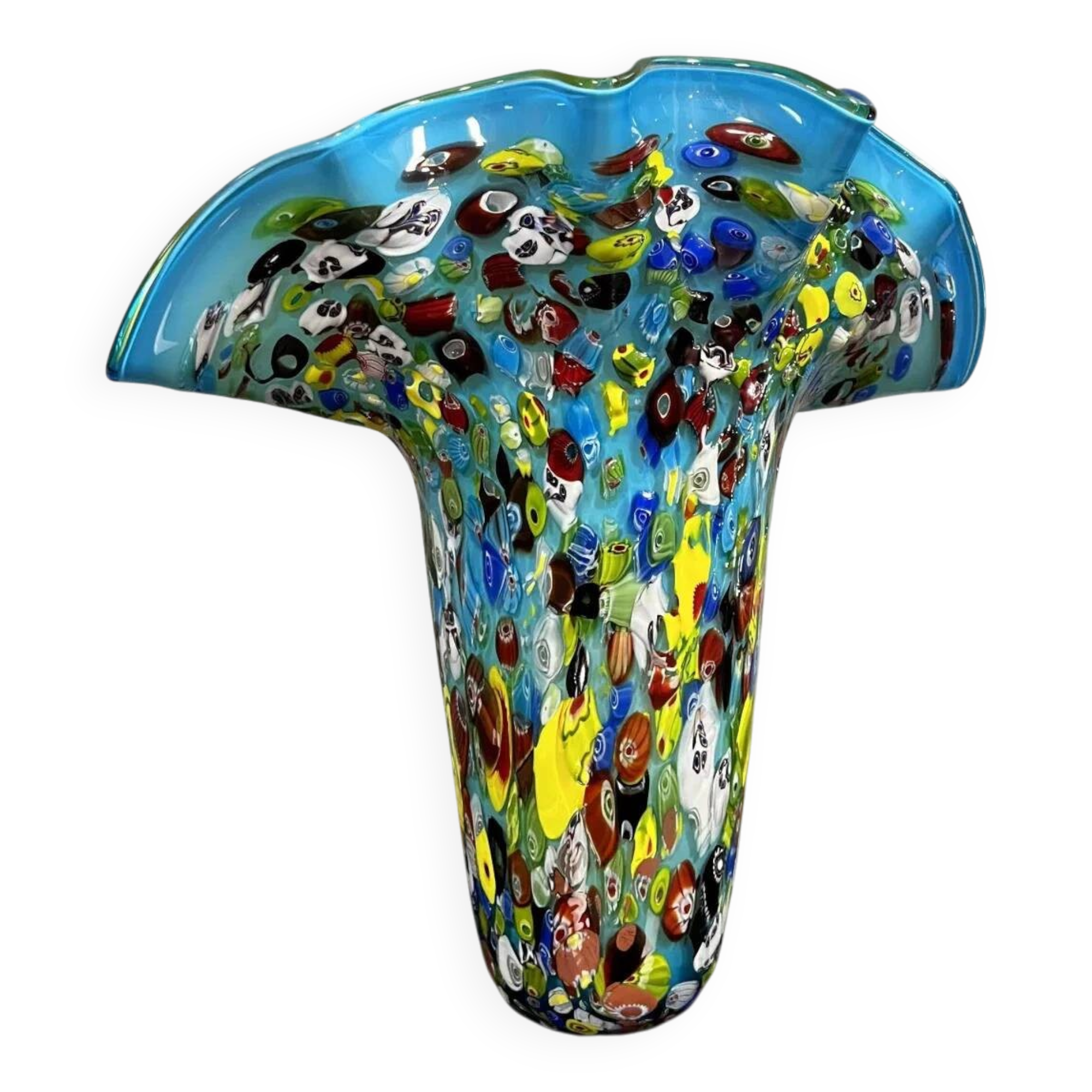 Venice circa 1980: Large "octopusy" vase in millefiori glass with a blue background